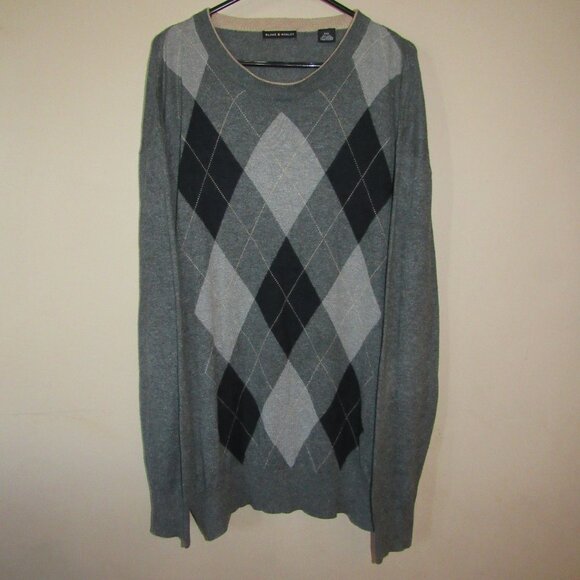 Blake & Manley Silk Cashmere Gray Argyle Sweater Men's sz XXL Lightweight Preppy - Picture 1 of 3